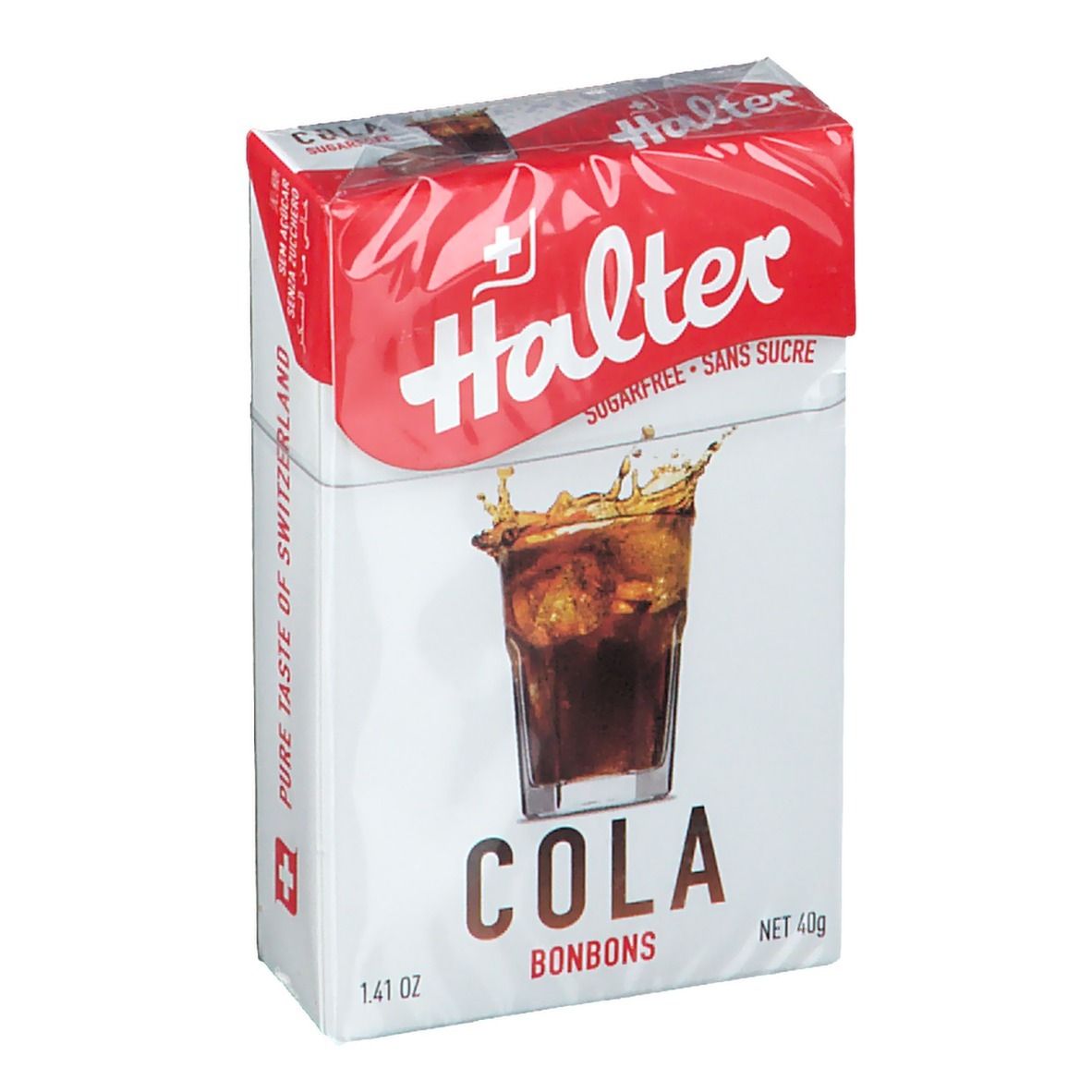 Emballage Halter Cola Bonbons sans sucre. Blanc avec bandeau rouge. Logo, verre de cola, texte.
