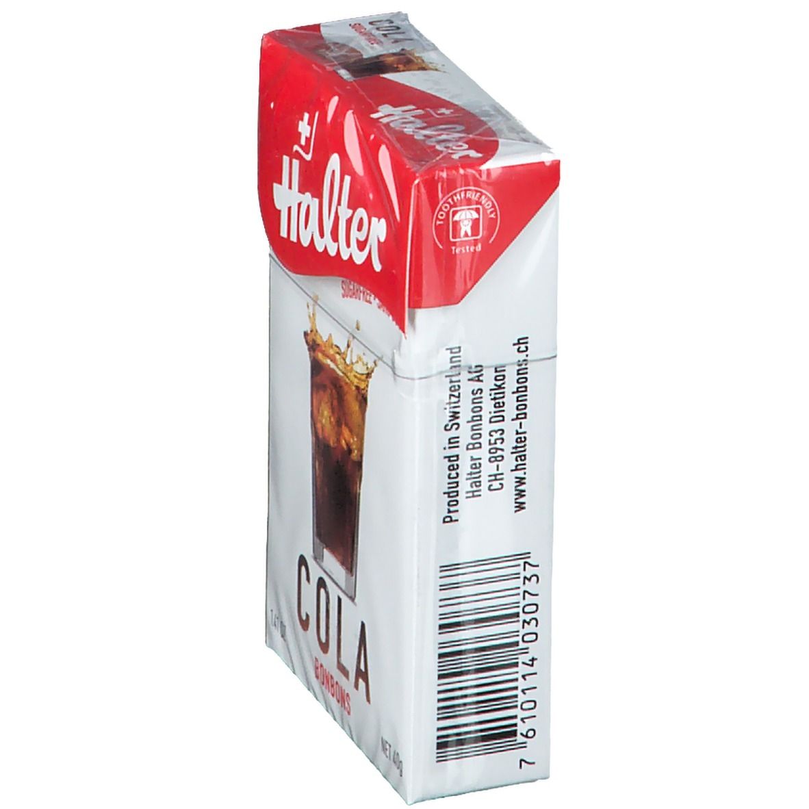 Halter Cola Bonbons sans sucre, vue latérale de l'emballage. Blanc avec bandeau rouge. Logo, texte, code-barres.
