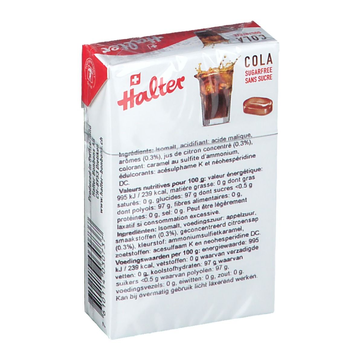Halter Cola Bonbons sans sucre, dos de l'emballage. Blanc avec texte et informations nutritionnelles. Logo.