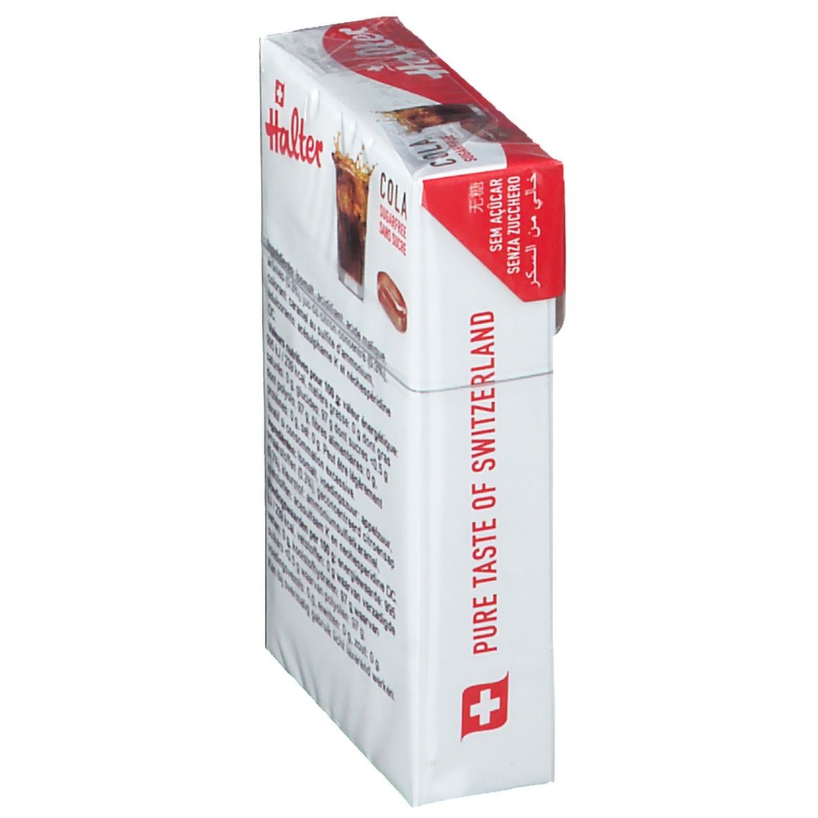 Halter Cola Bonbons sans sucre, vue latérale de l'emballage. Blanc avec bandeau rouge. Logo, texte.
