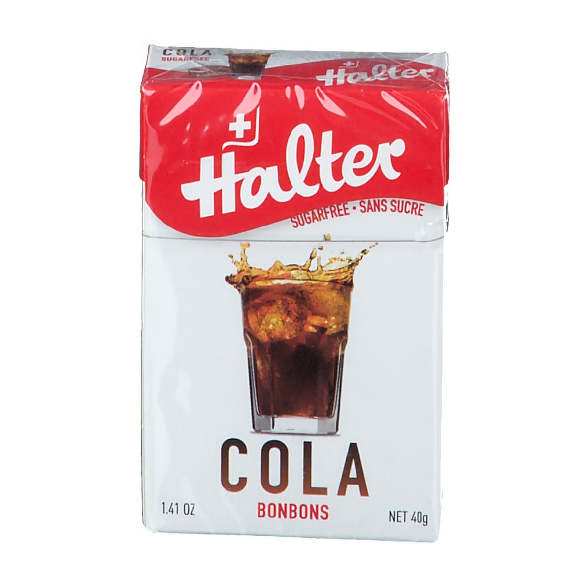 Emballage Halter Cola Bonbons sans sucre. Blanc avec bandeau rouge. Logo, verre de cola, texte.
