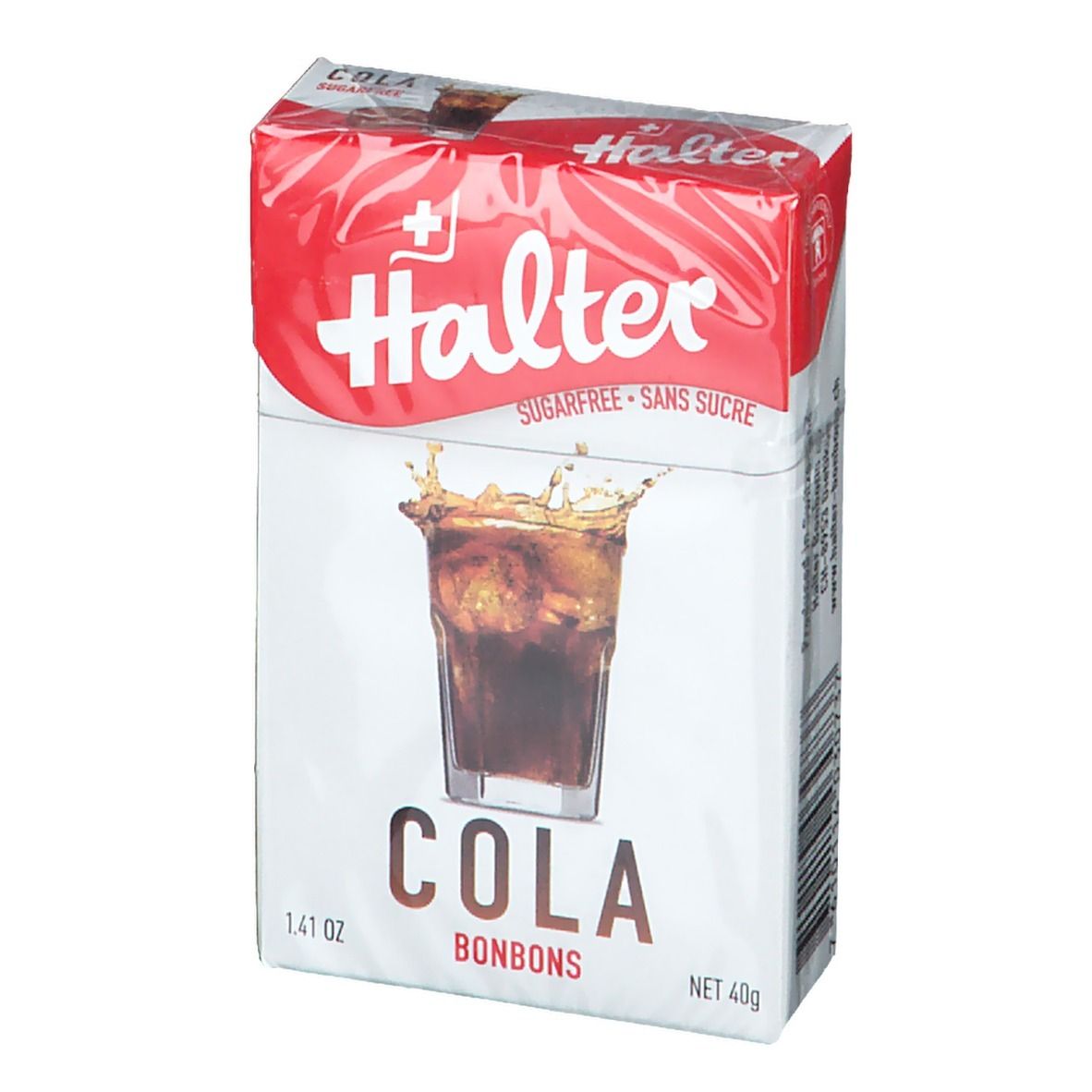 Emballage Halter Cola Bonbons sans sucre. Blanc avec bandeau rouge. Logo, verre de cola, texte.