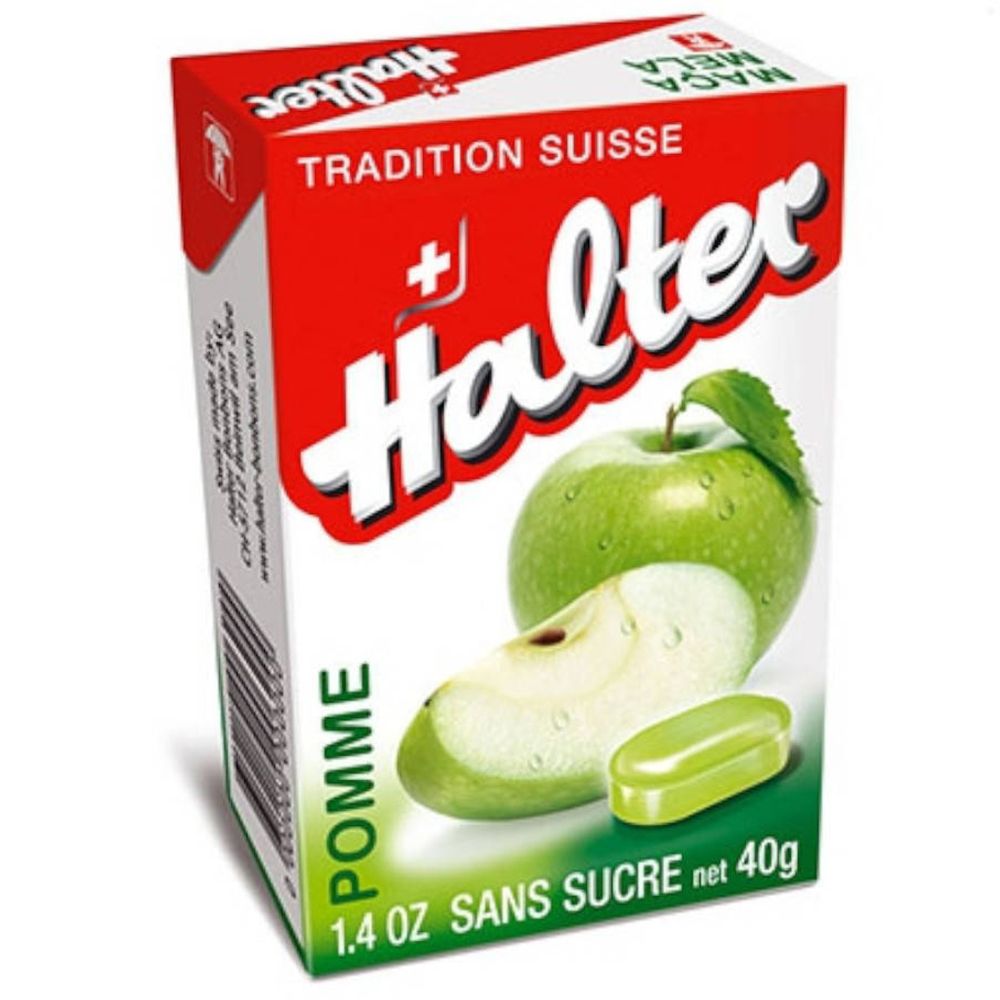 Confezione di Halter Apple Bonbons Zuckerfrei. Scatola rossa e bianca con illustrazione di mela e nome del prodotto. 40g.