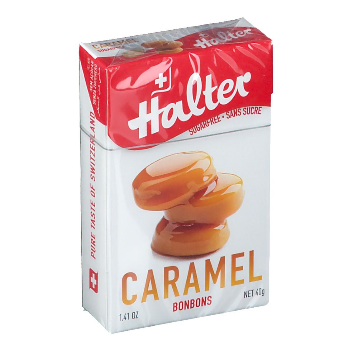 Boîte de bonbons Halter Caramel sans sucre. Emballage rouge et blanc avec image du produit et texte.