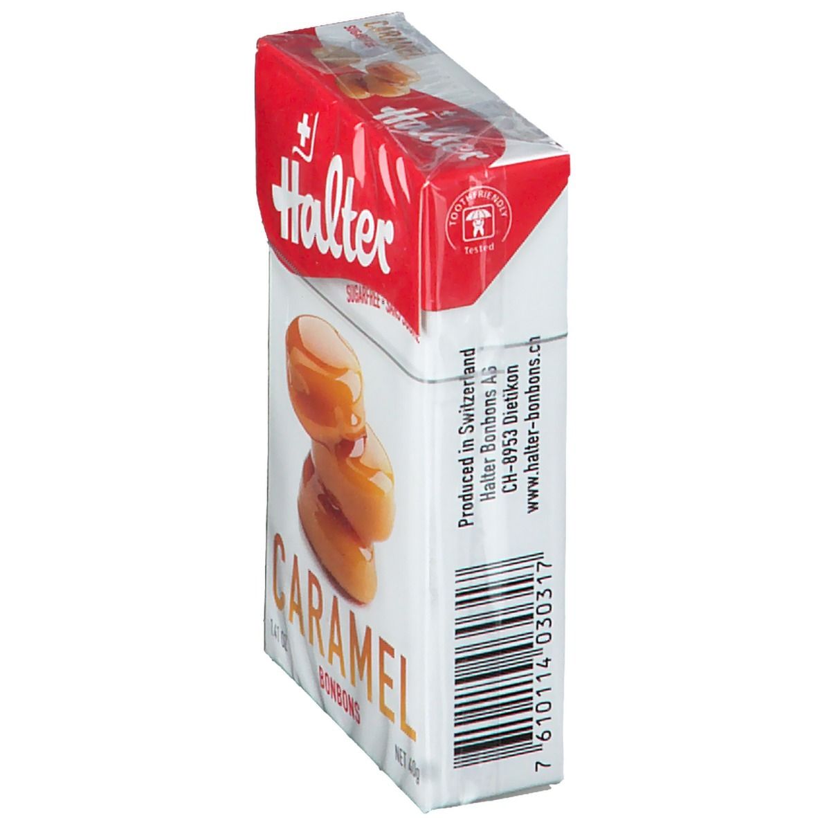 Emballage Halter Caramel Bonbons sans sucre. Boîte blanche avec couvercle rouge. Code-barres et informations.