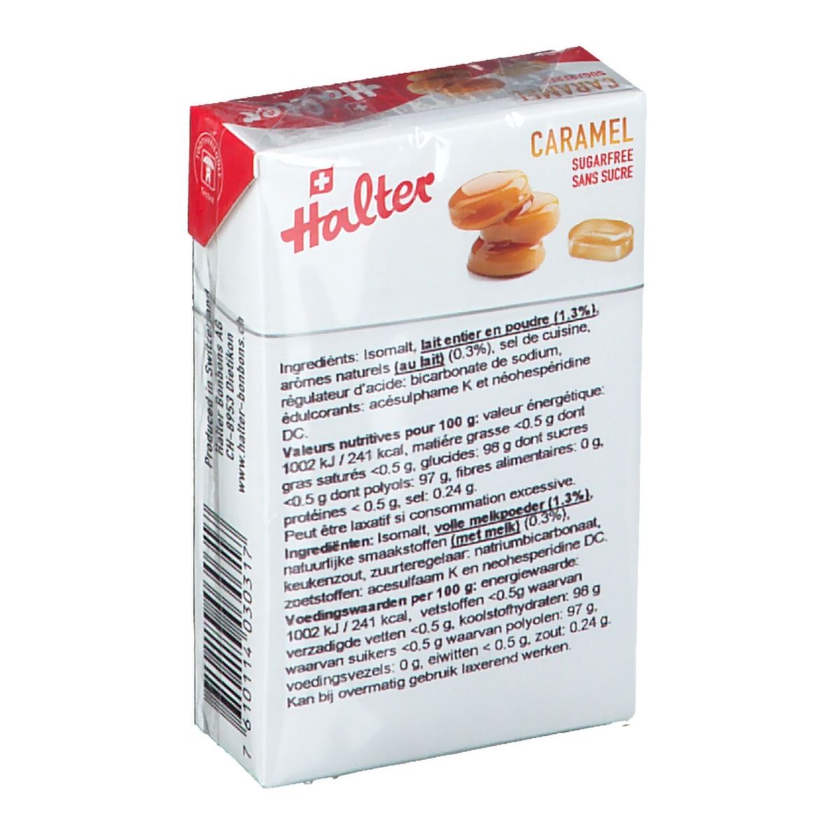Dos de l'emballage Halter Caramel sans sucre. Contient des informations nutritionnelles et une liste d'ingrédients.
