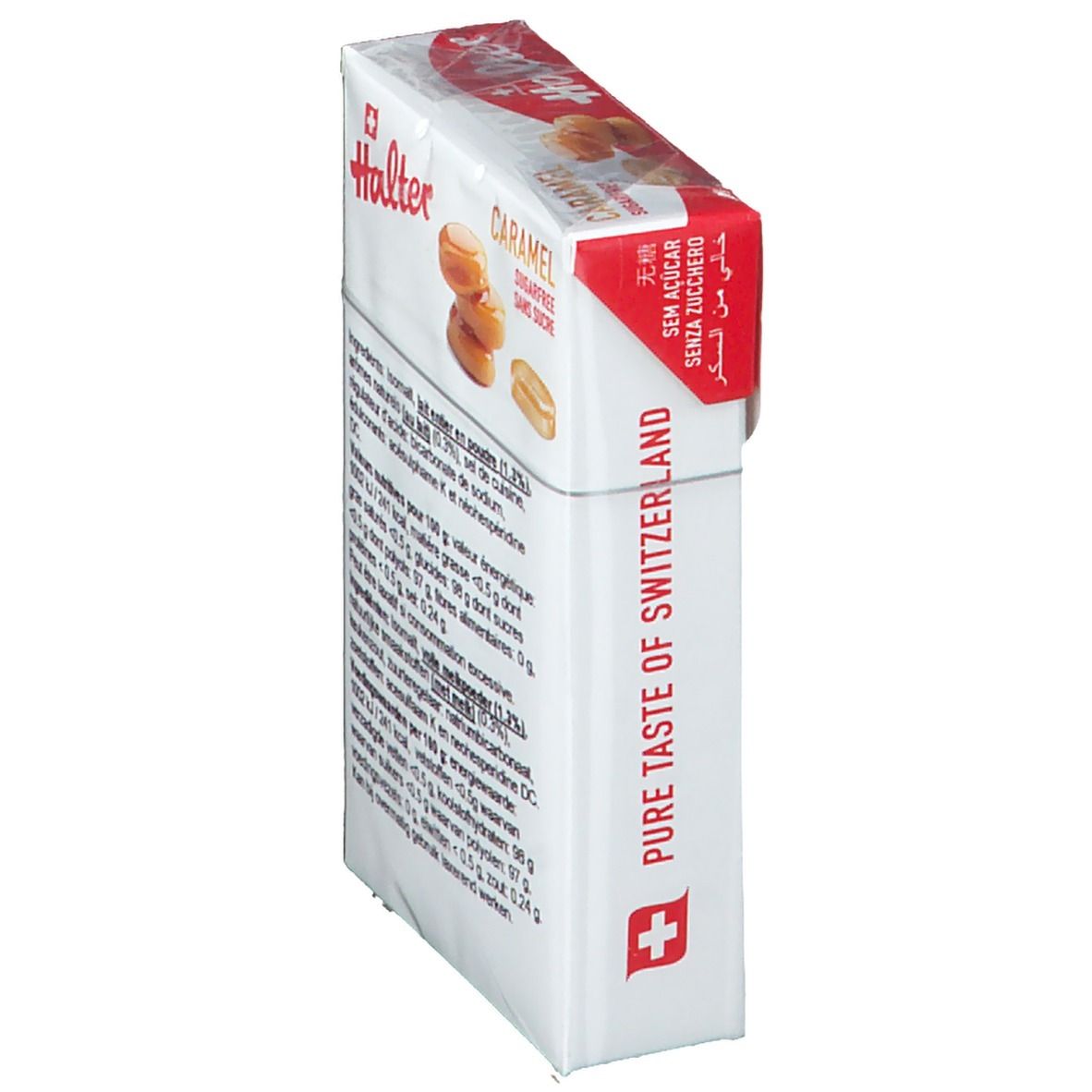 Emballage Halter Caramel sans sucre. Boîte blanche avec couvercle rouge. Croix suisse et texte.