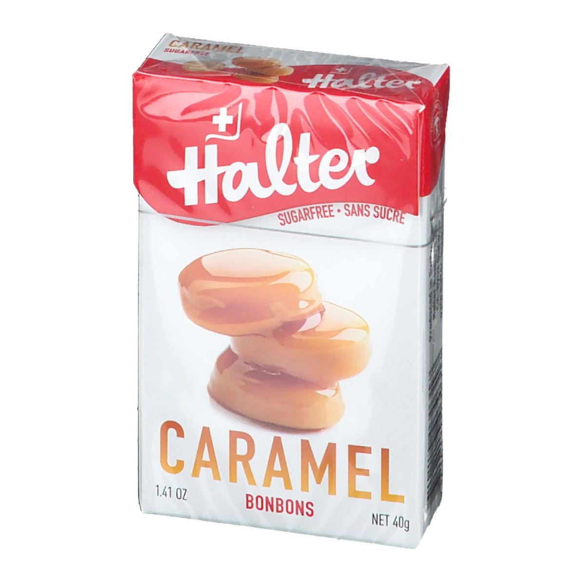 Boîte de bonbons Halter Caramel sans sucre. Emballage rouge et blanc avec image du produit et texte.