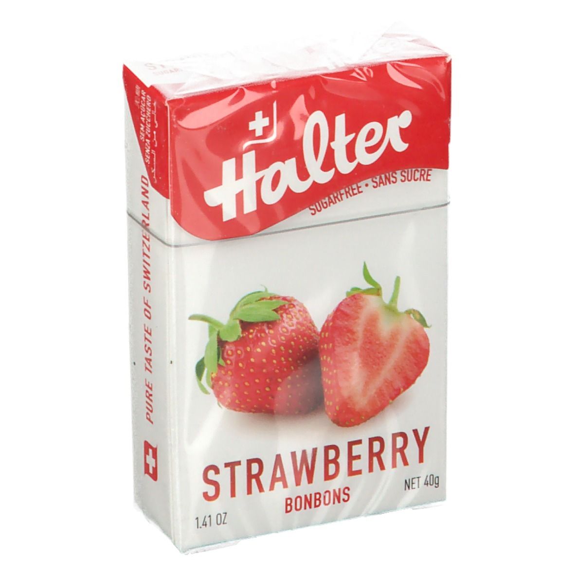 Paquet de bonbons à la fraise Halter, sans sucre. Fraises illustrées. Poids net 40g.