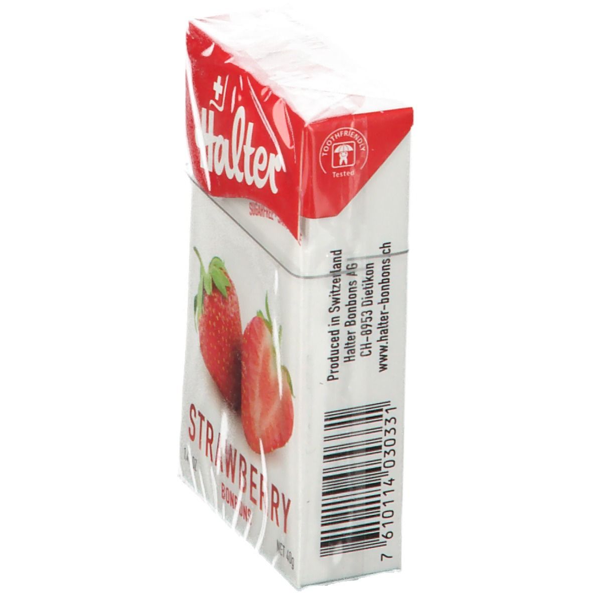 Paquet de bonbons à la fraise Halter, vue latérale. Inscription: fraise, sans sucre.