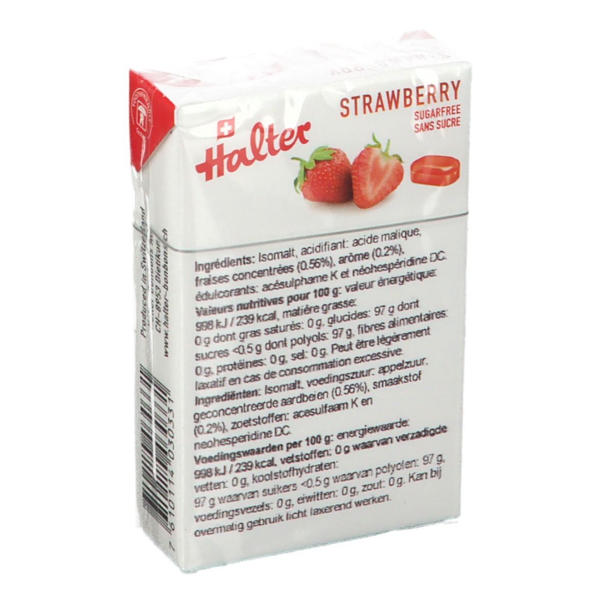 Paquet de bonbons à la fraise Halter, dos avec informations nutritionnelles et liste des ingrédients.