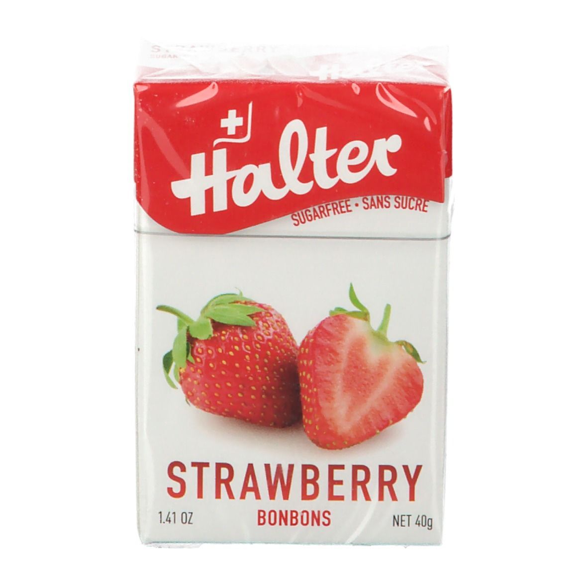 Paquet de bonbons à la fraise Halter, sans sucre. Fraises illustrées. Poids net 40g.