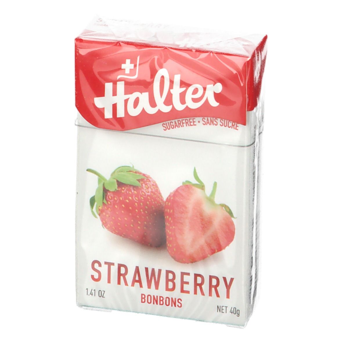 Paquet de bonbons à la fraise Halter, sans sucre. Fraises illustrées. Poids net 40g.