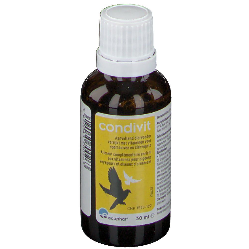 Flacon en verre brun avec bouchon à vis blanc. L'étiquette indique "condivit" et une image de pigeons. 30 ml.
