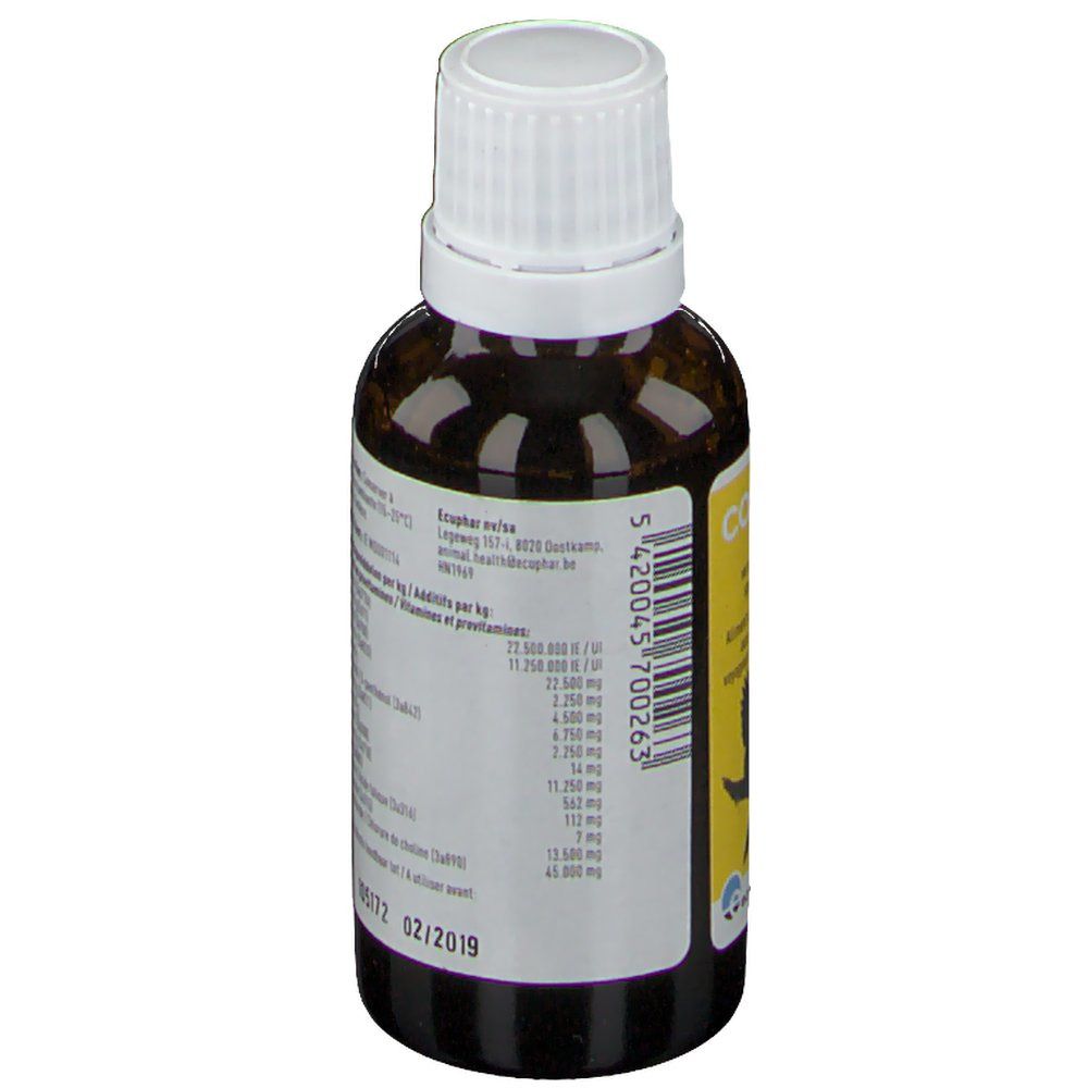 Flacon en verre brun avec bouchon blanc. Étiquette avec informations nutritionnelles. Informations fabricant. Date : 02/2019.