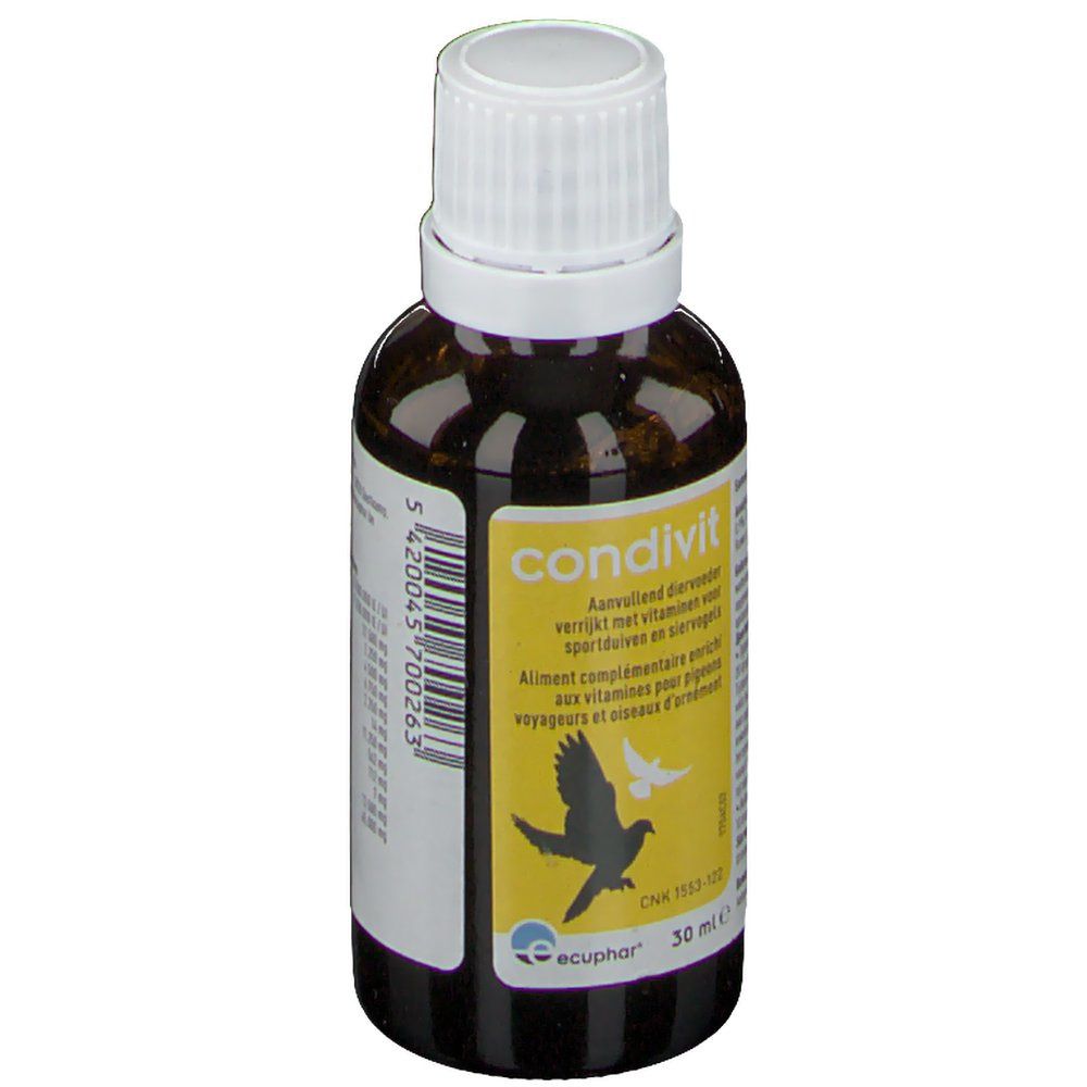 Flacon en verre brun avec bouchon blanc. Étiquette avec le nom du produit "condivit" et une image de pigeons. 30 ml.
