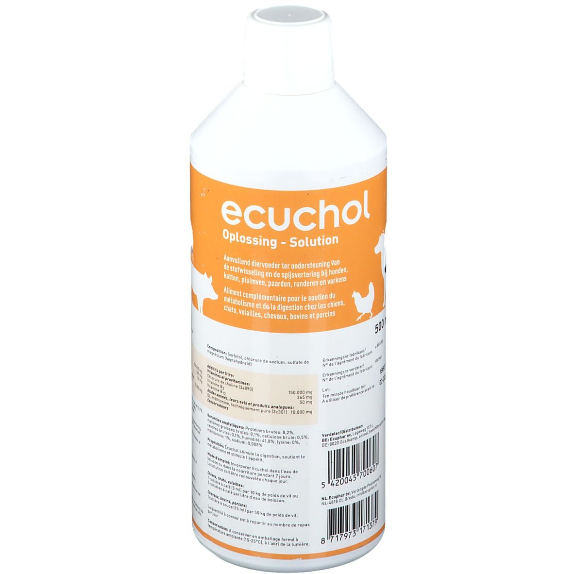 Flacon blanc "ecuchol". Solution. Étiquette avec informations et illustrations d'animaux. 500 ml.