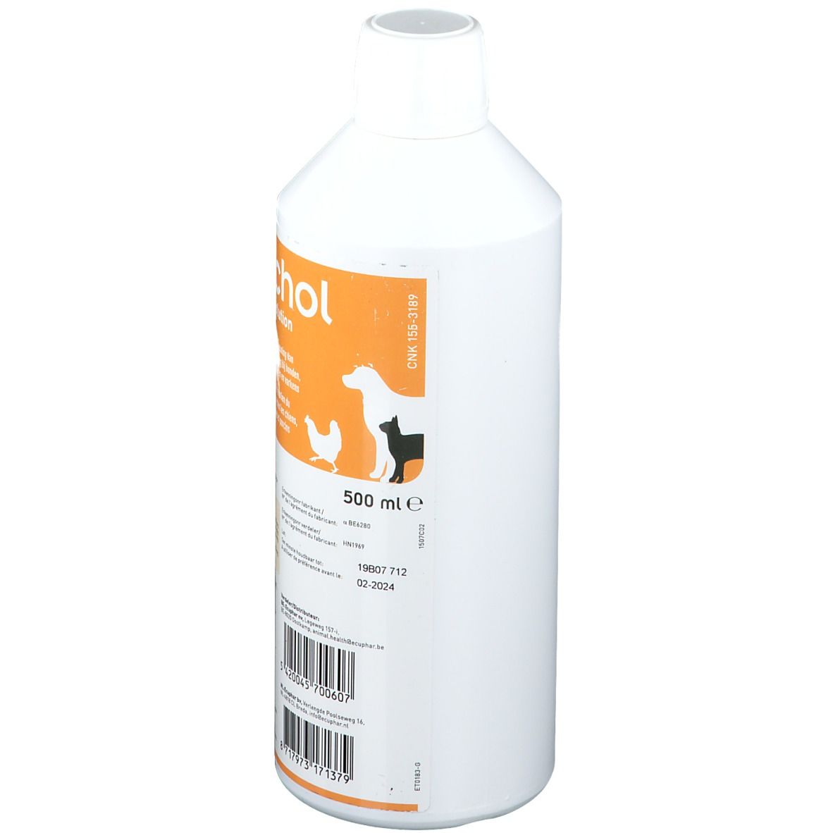 Flacon blanc "ecuchol". Étiquette orange avec illustrations d'animaux et 500 ml. Code-barres et date de péremption.