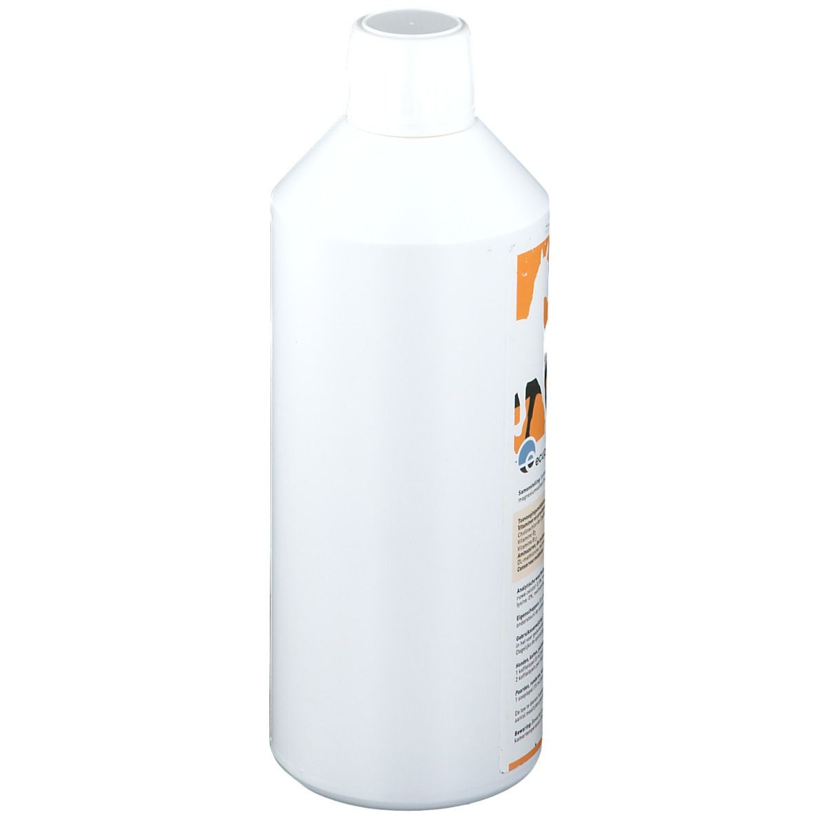 Flacon blanc avec bouchon blanc. Étiquette orange partiellement visible. Informations sur le produit sur l'étiquette.