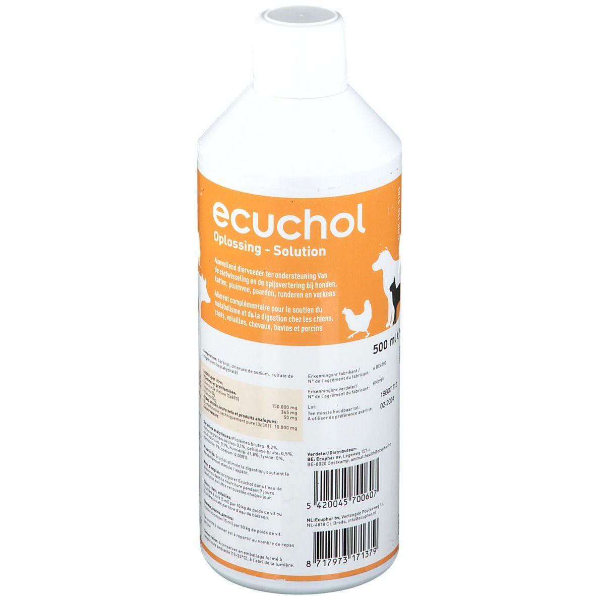 Flacon blanc "ecuchol". Étiquette orange avec informations et illustrations d'animaux. 500 ml.