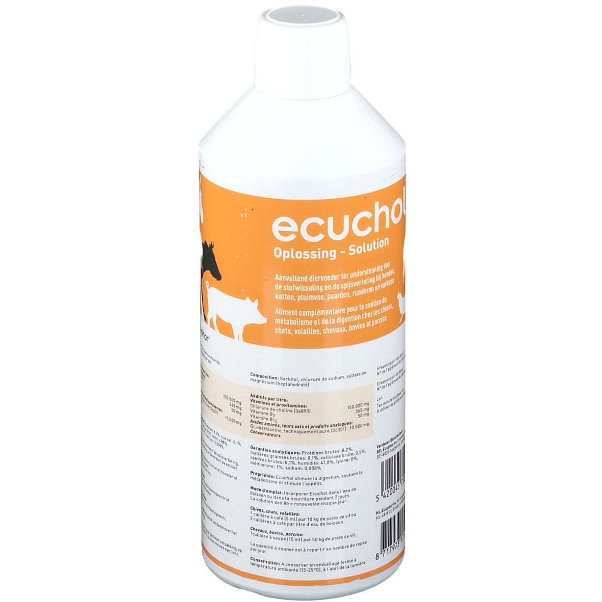 Flacon blanc "ecuchol". Étiquette orange avec illustrations d'animaux et informations. 500 ml.