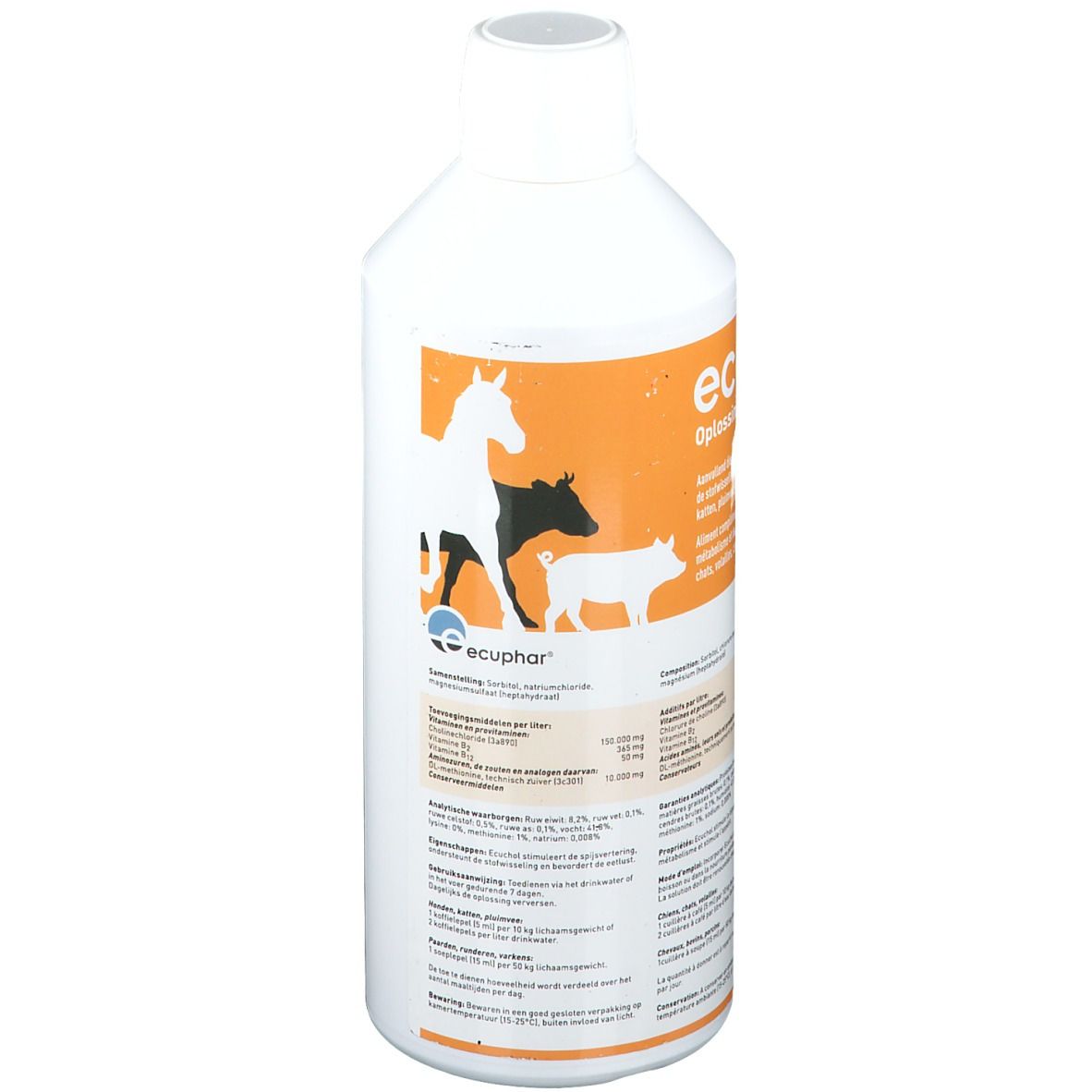 Flacon blanc "ecuchol". Étiquette orange avec illustrations d'animaux et informations. 500 ml.