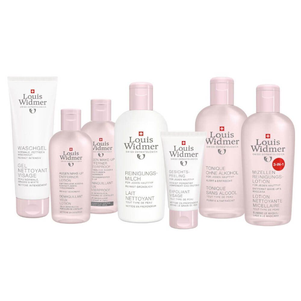 Productlijn van Louis Widmer. Bevat wasgel, oogmake-up remover, reinigingsmelk, gezichtsscrub, tonic, micellaire lotion.