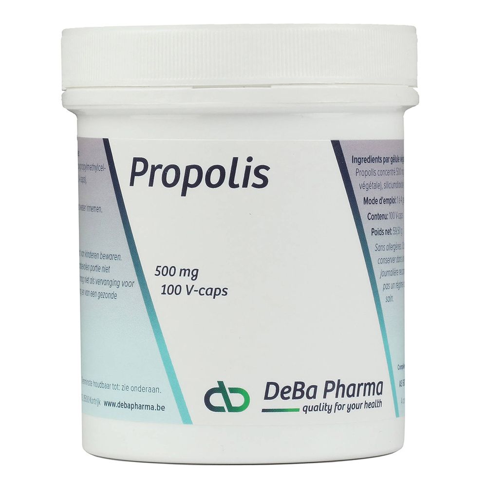 Boîte blanche "Propolis". Contient 100 V-capsules. Marque: DeBa Pharma.
