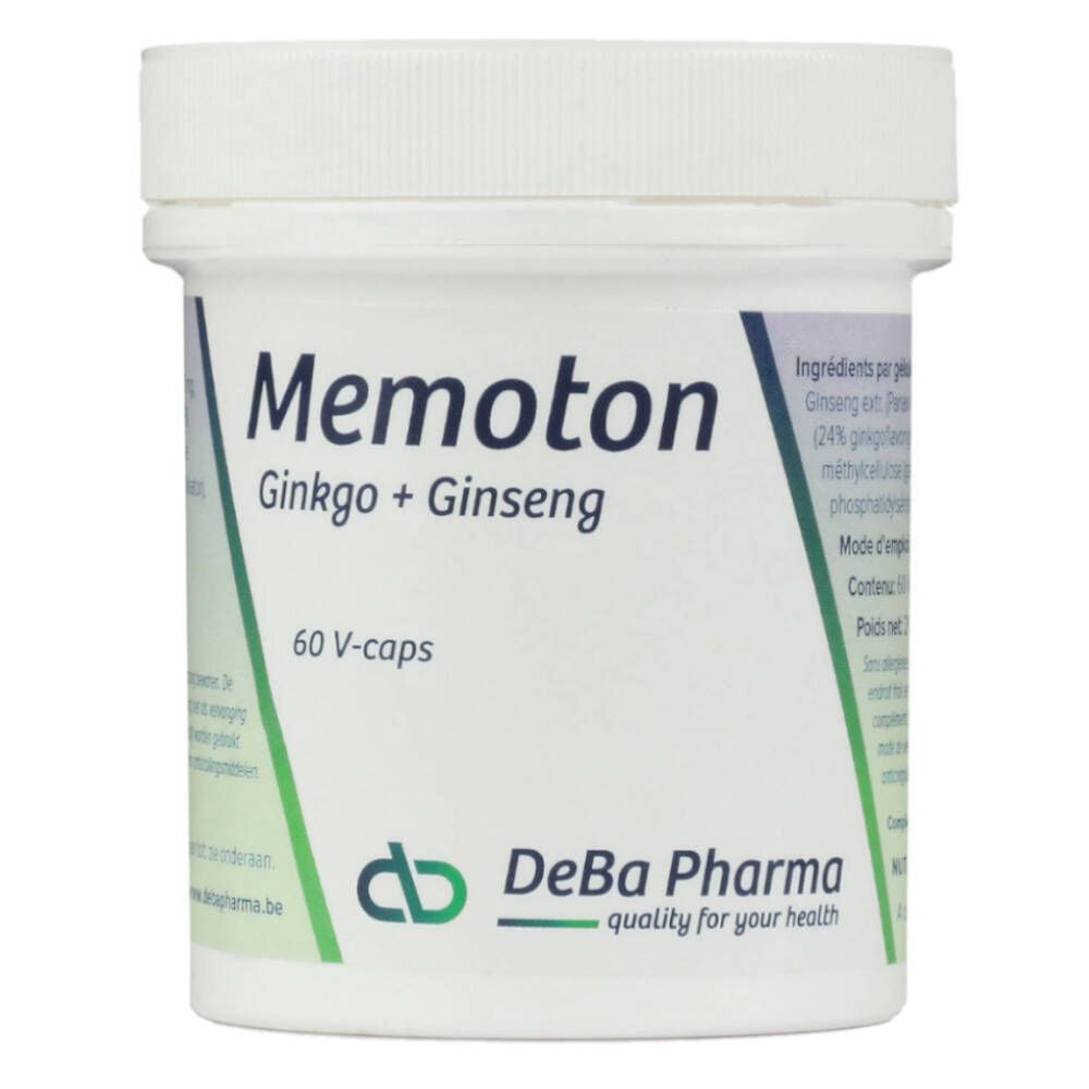 Boîte blanche "Memoton Ginkgo + Ginseng". Contient 60 gélules. Logo DeBa Pharma.