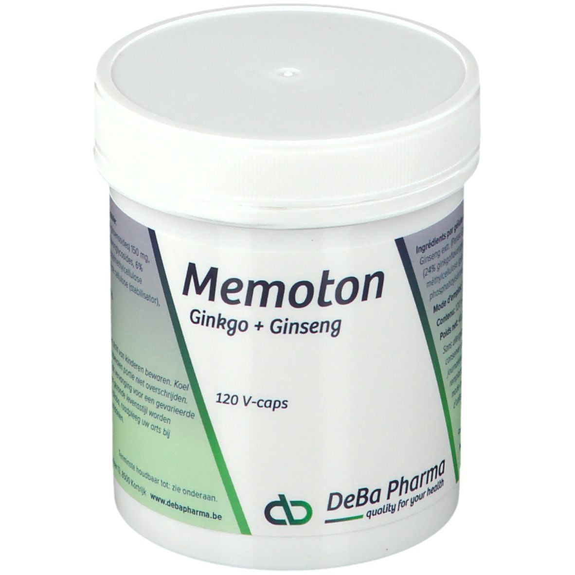 Witte pot met deksel. Opschrift: Memoton Ginkgo + Ginseng. 120 V-caps. DeBa Pharma logo.