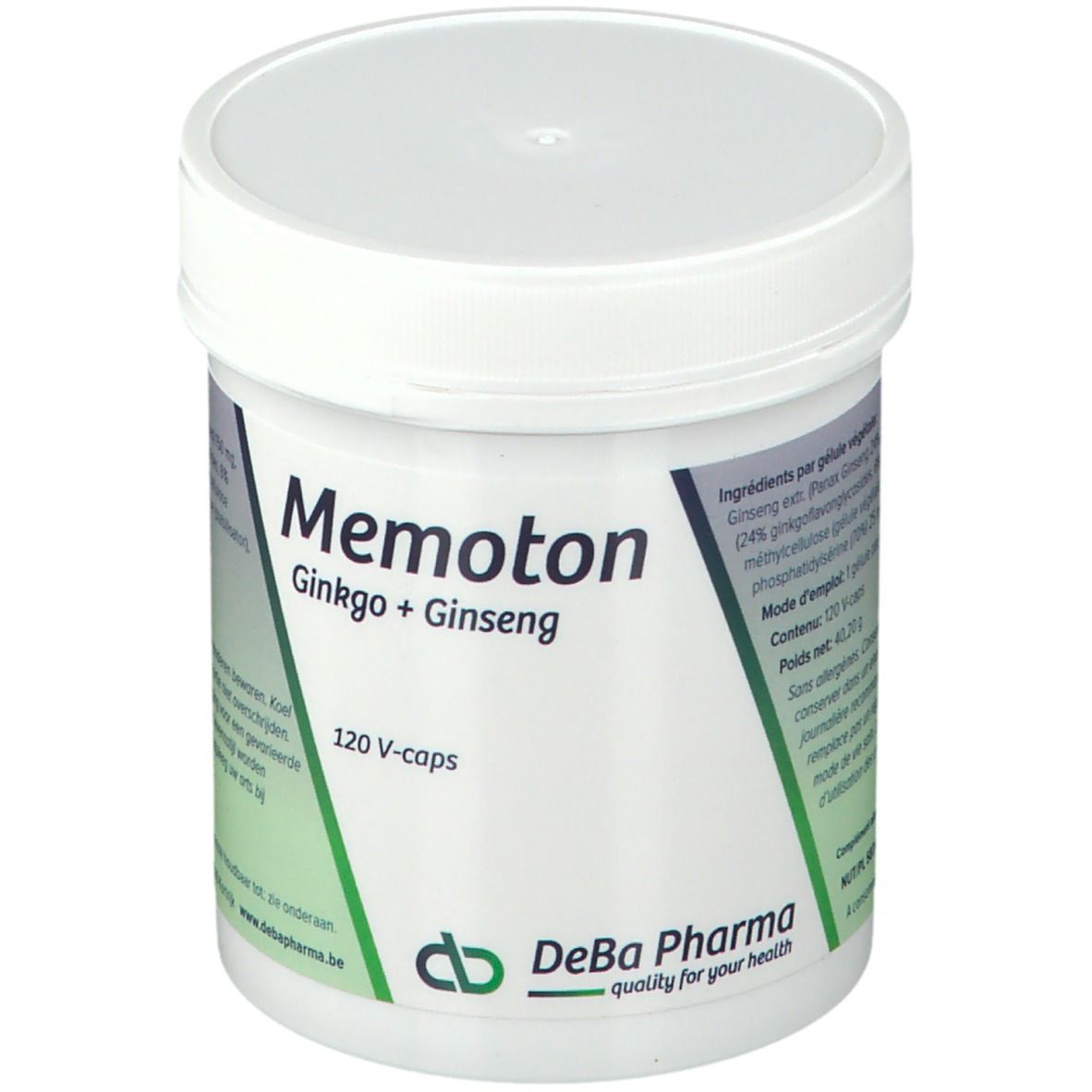 Witte pot met deksel. Opschrift: Memoton Ginkgo + Ginseng. 120 V-caps. DeBa Pharma logo.