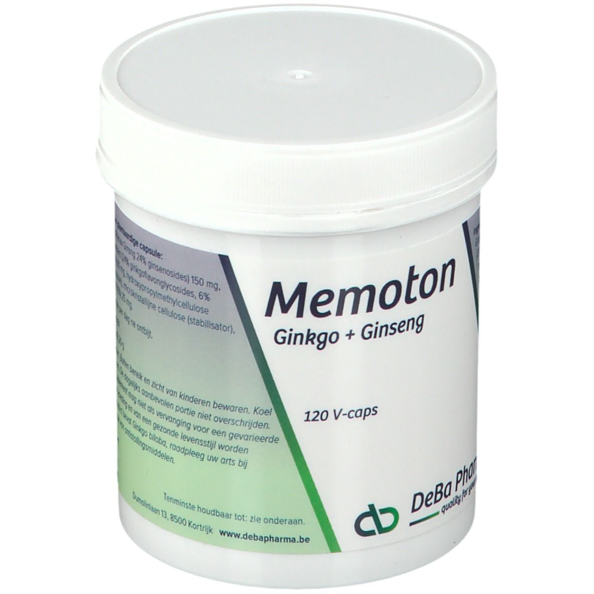Witte pot met deksel. Opschrift: Memoton Ginkgo + Ginseng. 120 V-caps. DeBa Pharma logo.