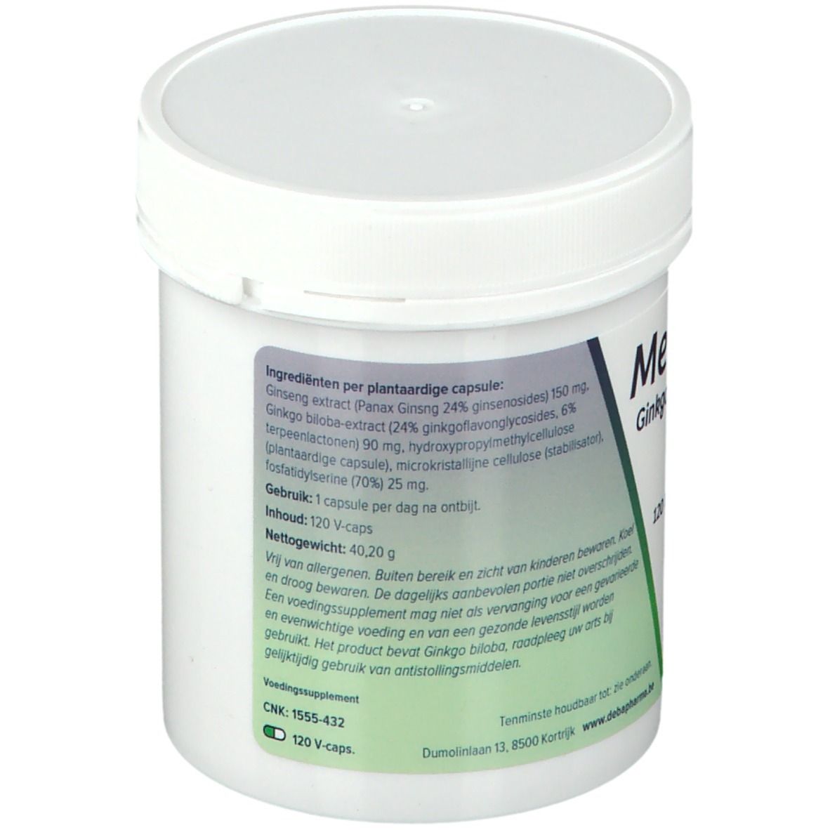 Achterkant van een witte pot. Tekst: Ingrediënten, gebruiksaanwijzing, nettogewicht. DeBa Pharma logo.