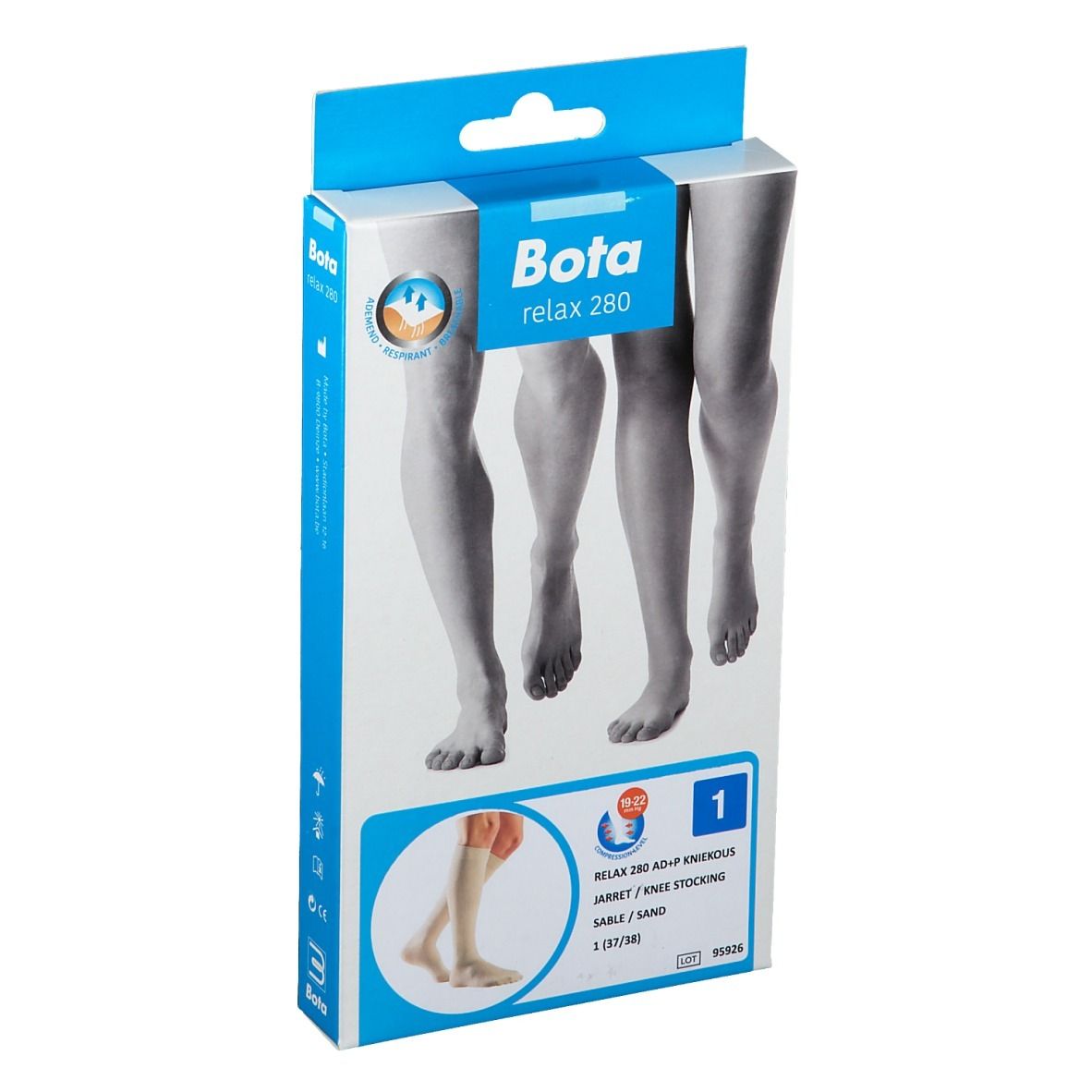Verpakking Bota relax 280. Kousen tot de knie, kleur zand. Illustratie van benen. Blauw-witte verpakking.