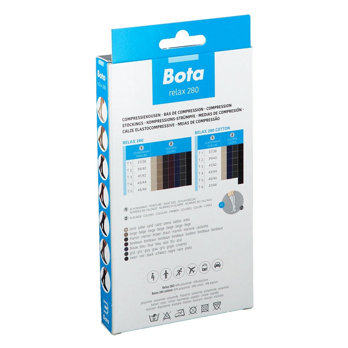 Achterkant van de verpakking Bota relax 280. Informatie over compressiekousen. Kleurentabellen. Wassymbolen.