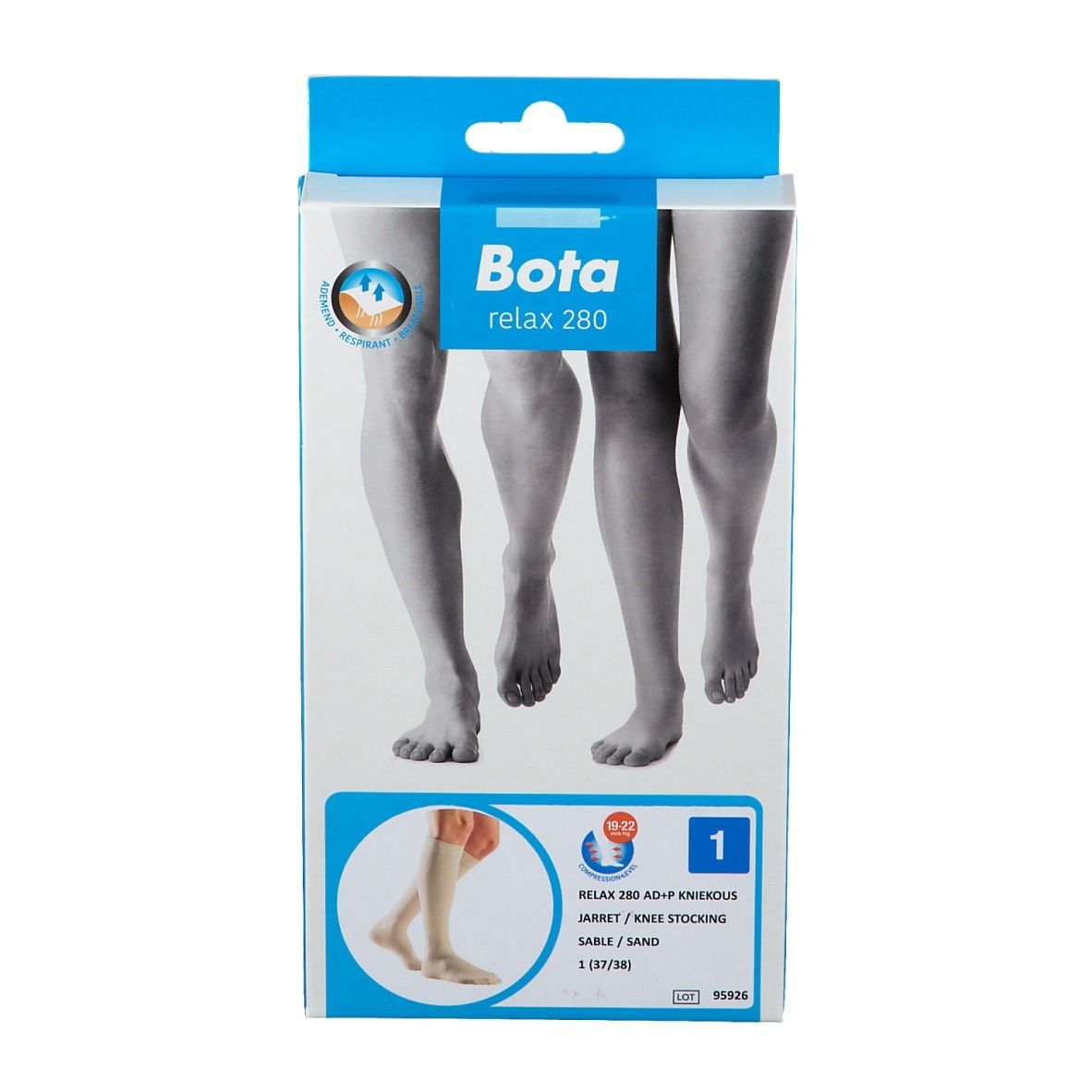 Verpakking Bota relax 280. Kousen tot de knie, kleur zand. Illustratie van benen. Blauw-witte verpakking.