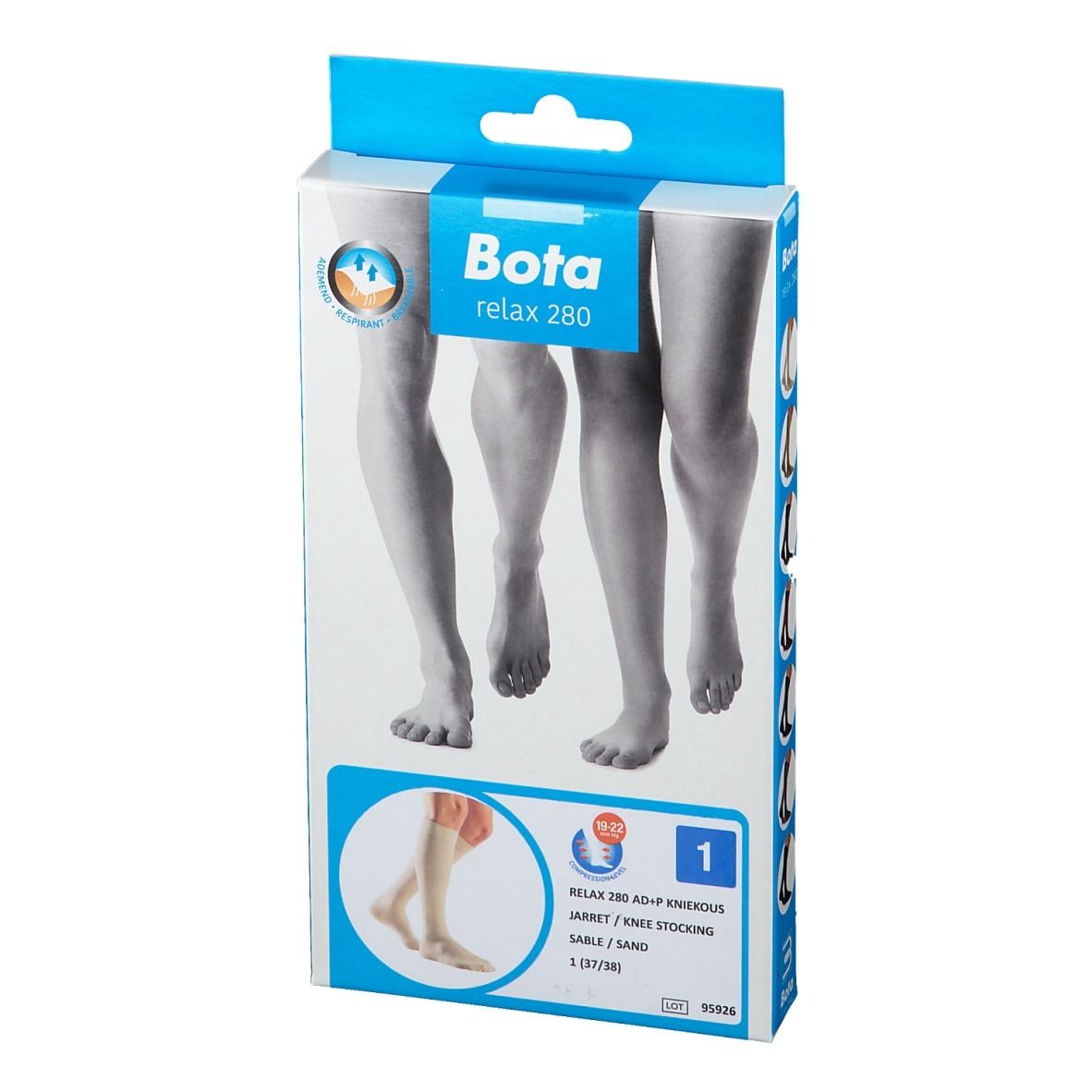 Verpakking Bota relax 280. Kousen tot de knie, kleur zand. Illustratie van benen. Blauw-witte verpakking.
