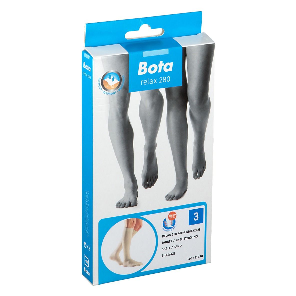Verpakking Bota relax 280. Kousen tot de knie, kleur zand, maat 3. Illustratie van benen. Productinformatie.
