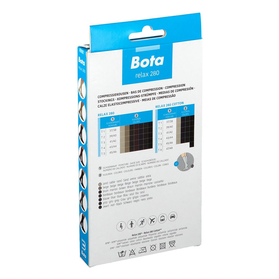 Achterkant van de verpakking Bota relax 280. Productinformatie, maattabel, kleuren. Wasvoorschriften.
