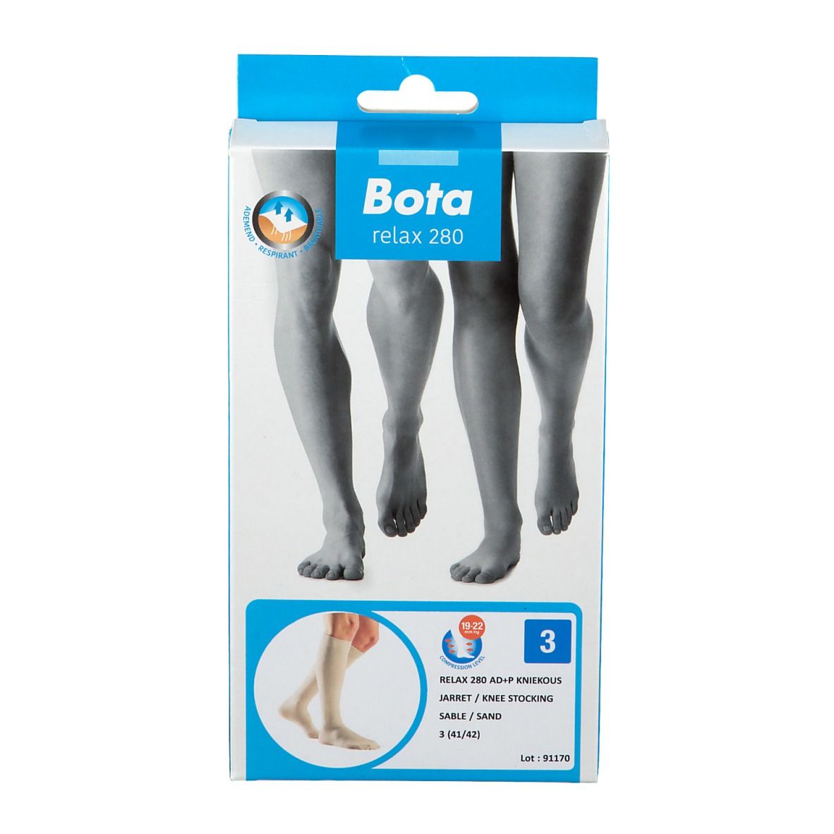 Verpakking Bota relax 280. Kousen tot de knie, kleur zand, maat 3. Illustratie van benen. Productinformatie.