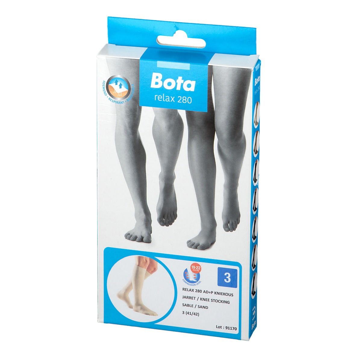 Verpakking Bota relax 280. Kousen tot de knie, kleur zand, maat 3. Illustratie van benen. Productinformatie.