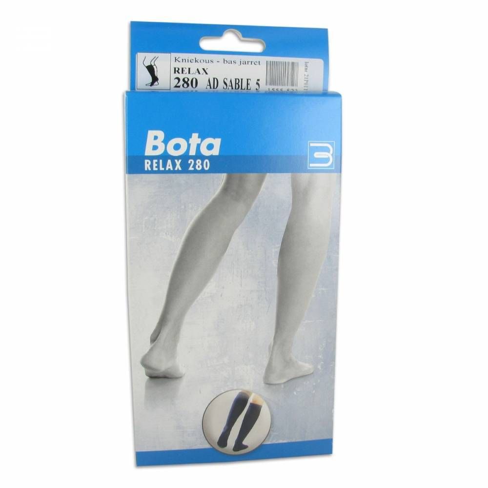 Emballage de bas genou Bota Relax 280. Boîte bleue avec image du produit et nom du produit.