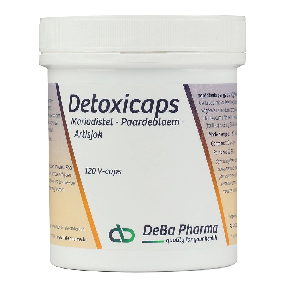 Witte plastic pot met "Detoxicaps". Bevat 120 V-caps. DeBa Pharma logo.