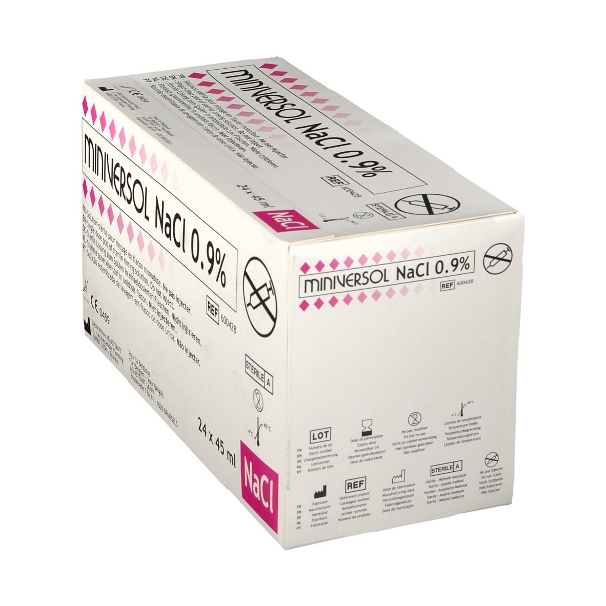 Boîte de Miniversol NaCl 0,9%. Inscriptions: nom du produit, 24 x 45 ml. Stérile.