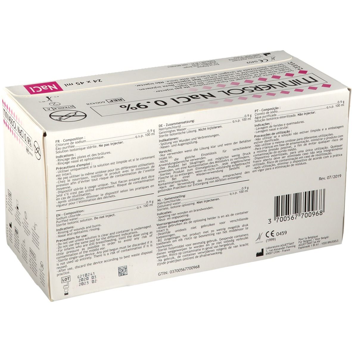 Dos de la boîte Miniversol NaCl 0,9%. Texte multilingue, code-barres.