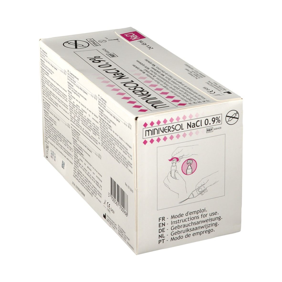 Boîte de Miniversol NaCl 0,9%. Inscriptions: nom du produit, 24 x 45 ml. Stérile. Mode d'emploi.