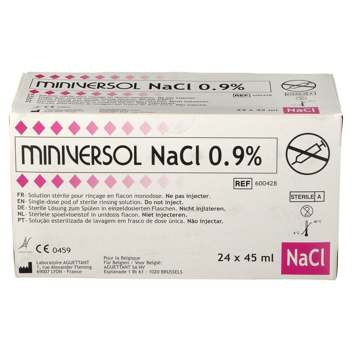 Boîte de Miniversol NaCl 0,9%. Inscriptions: nom du produit, 24 x 45 ml. Stérile.