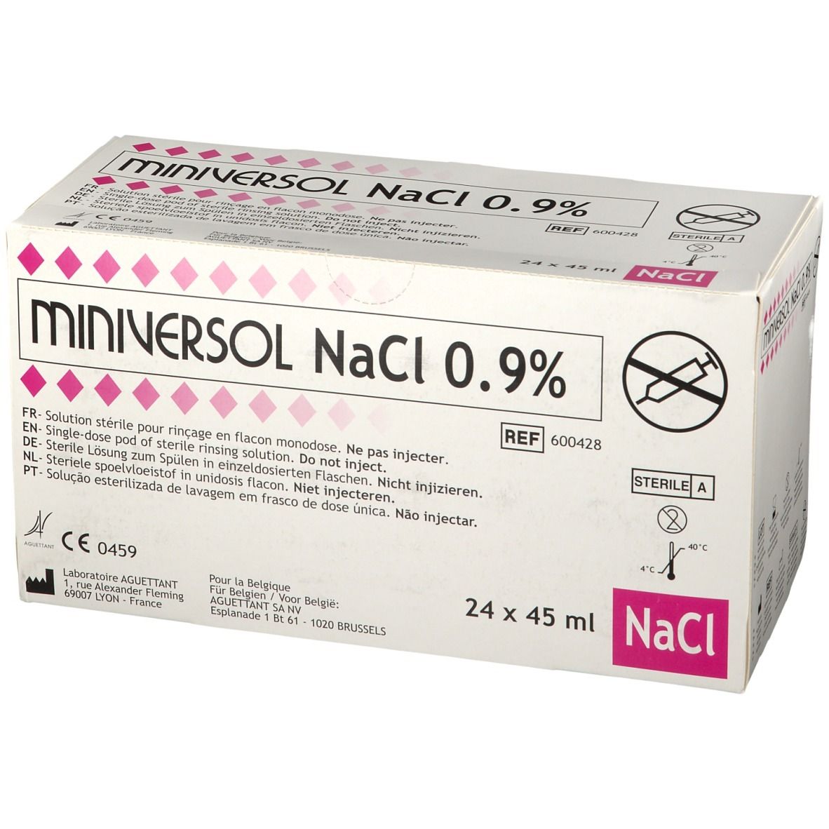 Boîte de Miniversol NaCl 0,9%. Inscriptions: nom du produit, 24 x 45 ml. Stérile.