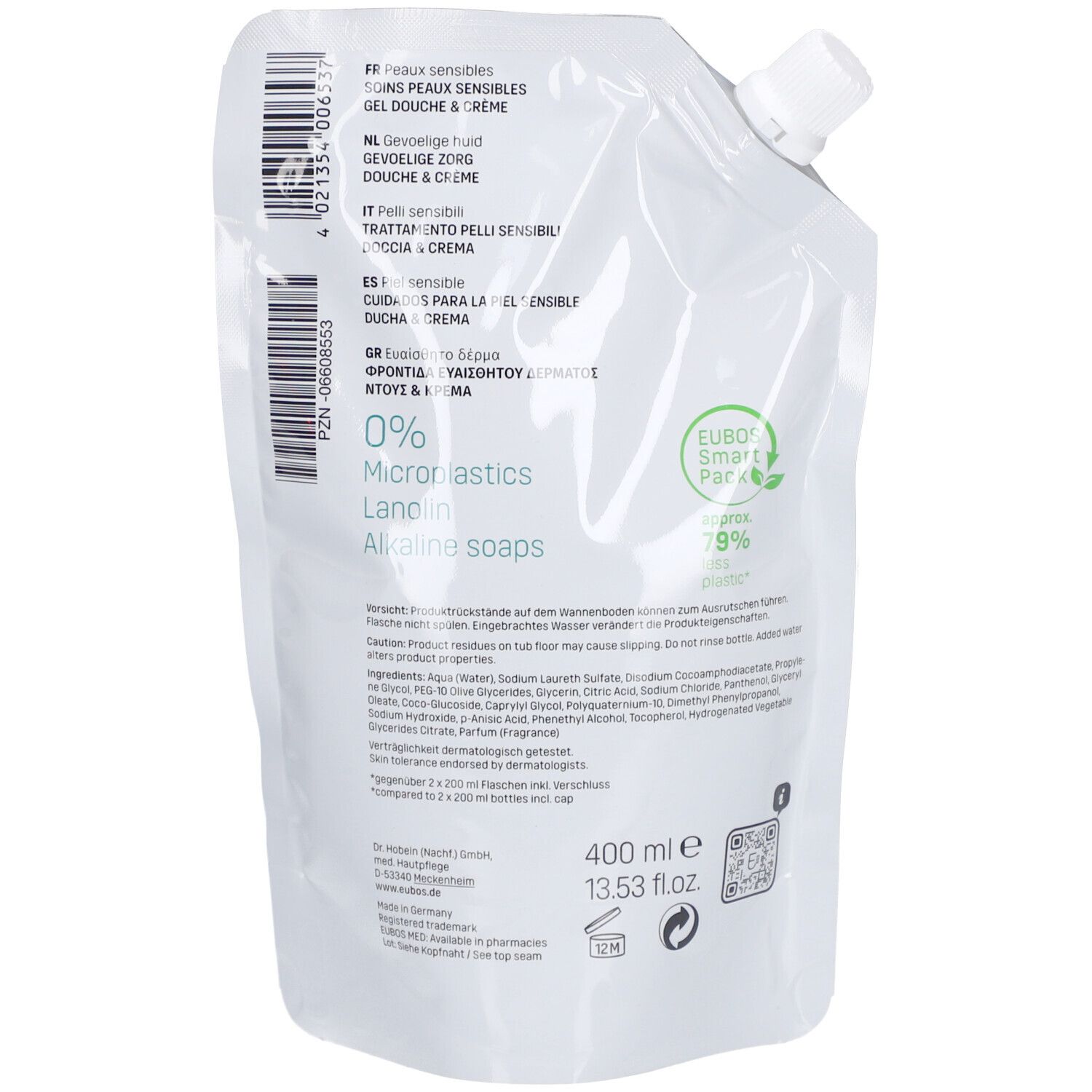 Rückseite der weißen Nachfüllpackung. Text in mehreren Sprachen, 400 ml und QR-Code.