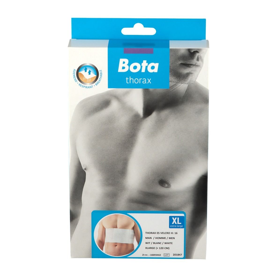 Boîte Bota Thorax Belt ES Men XL. Image du produit. Taille XL. Produit blanc illustré sur le ventre.